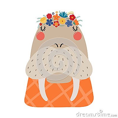 Cute funny walrus in floral wreath, t-shirt. Vector Illustration
