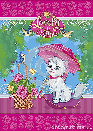 Cute funny white cat. Set with animal, birds, flower basket. Decorative style toy, doll. Wonderland. Magic story. Fabulous garden. Vector Illustration