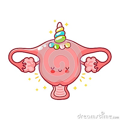 Cute funny woman uterus organ with unicorn horn Vector Illustration