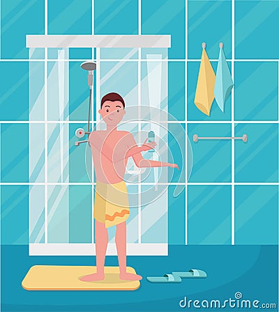 Cute funny young man came out of the shower. Hapy man taking shower in the morning. Guy standing in the bathroom. Morning routine Vector Illustration