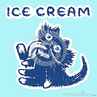 Cute fur cat eats ice cream. Vector illustration. Vector Illustration