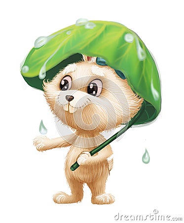 Cute Furry Bunny - Cartoon Animal Character Mascot in the Rain with Umbrella Stock Photo