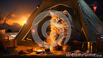 cute furry cat sit in front of a tent by the sea, when camping on weekends. and spend free time to fully relax in nature. in the Stock Photo