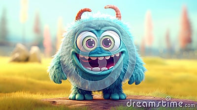 Cute Furry fluffy blue Monster, cartoon 3d, alien monster illustration, on Cartoon Illustration