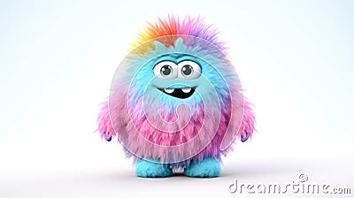 Cute Furry fluffy rainbow Monster, cartoon 3d, alien monster illustration, on white background Cartoon Illustration