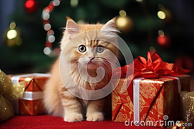 Cute furry kitten - Christmas Xmas season - Seasonal decoration - surrounded by gift boxes - brown fur Stock Photo