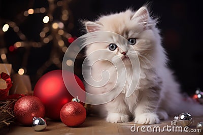 Cute furry kitten - Christmas Xmas season - Seasonal decoration - White fur and blue eyes Stock Photo