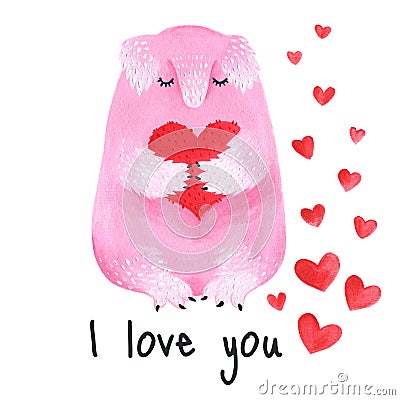 Cute furry monster holding a heart. Postcard to the Valentine`s Day. Pink animal hand-drawn acrylic Stock Photo