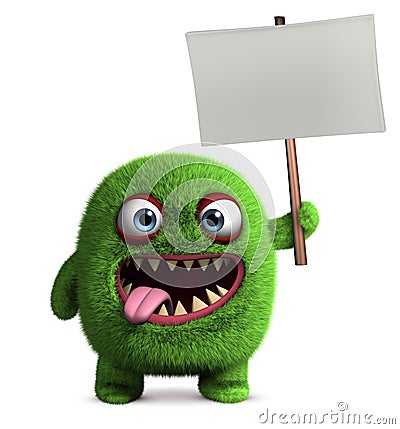 Cute furry monster holding placard Stock Photo