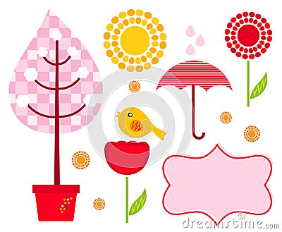 Cute garden elements isolated on white Vector Illustration