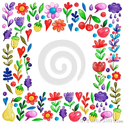 Cute garden flower and plants with fruits and berries For invitation, kindergarten, wedding invitations, nursery Stock Photo