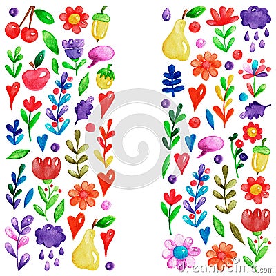 Cute garden flower and plants with fruits and berries For invitation, kindergarten, wedding invitations, nursery Stock Photo