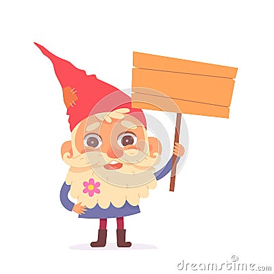 Cute garden gnome standing with blank wooden sign, old cheerful dwarf from fairy tales Vector Illustration
