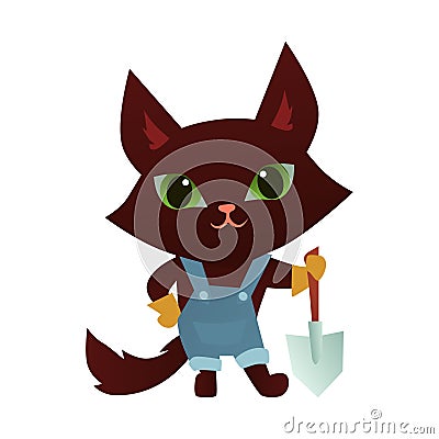 Cute gardener cat character with shovel on white background. Cartoon vector illustration. Sticker or card design Vector Illustration