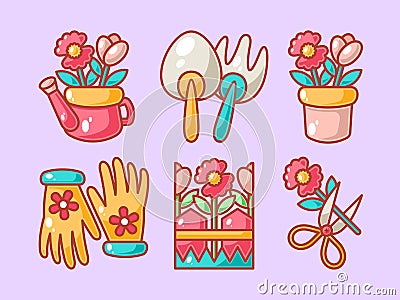 Cute gardening element sticker collection Vector Illustration