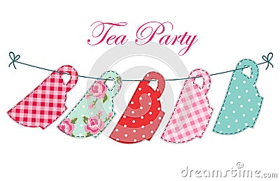 Cute garland of tea cups as retro applique for tea party Vector Illustration