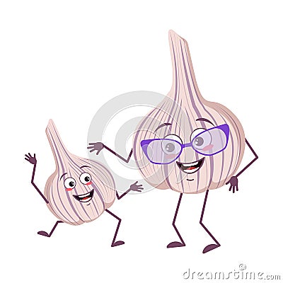 Cute garlic characters with emotions, face. Funny grandmother with glasses and dancing grandson with arms and legs. The Vector Illustration