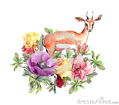 Cute gazelle animal in flowers. Floral design. Watercolor Stock Photo