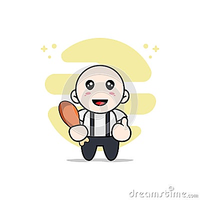 Cute geek boy character holding a chicken meat Vector Illustration