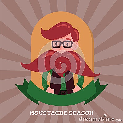 Cute gentleman hipster cartoon charactor badge logo. Long mustache man emblem Vector Illustration