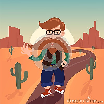 Cute gentleman hipster cartoon charactor with long mustache walk Vector Illustration