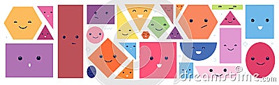 Cute geometric faces. Isolated polygon face with eyes and emotions. Circle shape characters. Funny cartoon abstract kids Vector Illustration