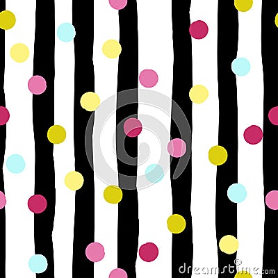 Cute geometric seamless pattern . Polka dots and stripes. Brush strokes. Hand drawn grunge texture. Abstract forms. Endless Stock Photo