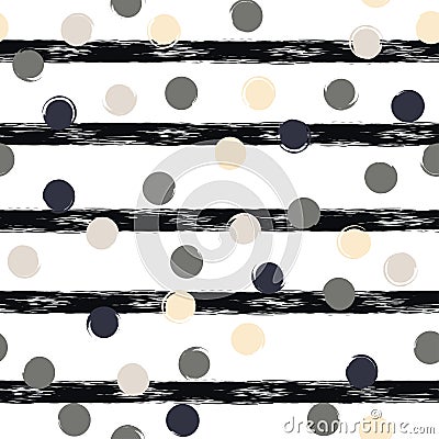 Cute geometric seamless pattern . Polka dots and stripes. Brush strokes. Hand drawn grunge texture. Abstract forms. Endless Stock Photo