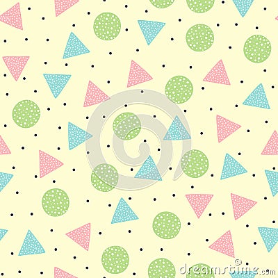 Cute geometric seamless pattern. Round and triangular colored shapes. Drawn by hand. Vector Illustration