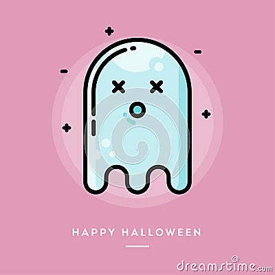 Cute ghost, flat design thin line halloween banner Vector Illustration