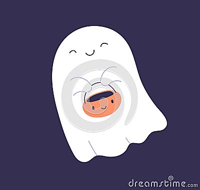 Cute ghost floating with Halloween pumpkin basket for Trick or Treat. Funny spooky boo character flying. Baby spook Vector Illustration