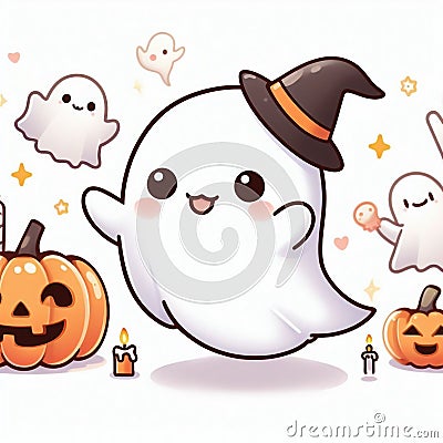 Cute Ghost Halloween isolated on white background, Clipart Sticker illustration Design 10 Stock Photo