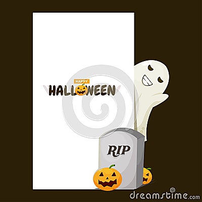 Cute ghost and headstone with happy halloween illustration Vector Illustration