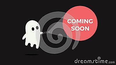 Cute ghost with his flashlight pointing towards a message for new product or movie coming soon. Vector Illustration