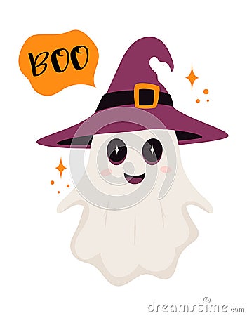 Halloween card with cute ghost in witch hat Vector Illustration