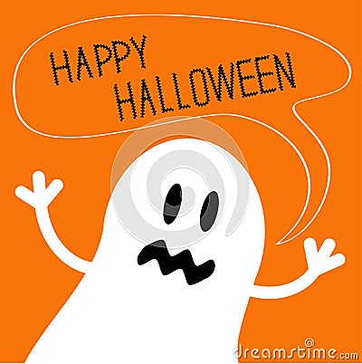 Cute ghost monster with speech text bubble. Happy Halloween card. Flat design. Vector Illustration