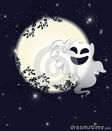 A cute ghost smiles and waves his hand against the background of a round moon Vector Illustration