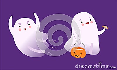 Cute Ghost with Smiling Face Carrying Pumpkin with Sweets and Flying Vector Set Vector Illustration