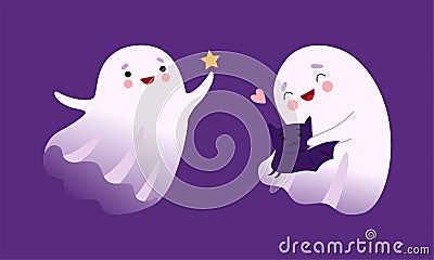 Cute Ghost with Smiling Face Embracing Bat and Holding Star Vector Set Vector Illustration