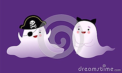 Cute Ghost with Smiling Face in Pirate Hat and Eye Patch Vector Set Vector Illustration
