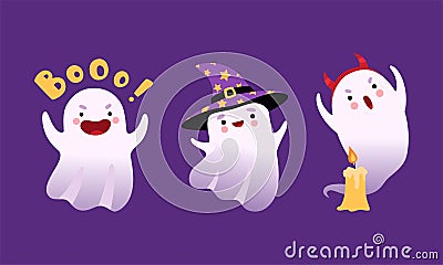 Cute Ghost with Smiling Face Wearing Witch Hat and Making Boo Vector Set Vector Illustration