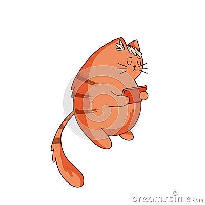 Cute Ginger Cat Character with Striped Tail Playing with Tablet PC Vector Illustration Vector Illustration