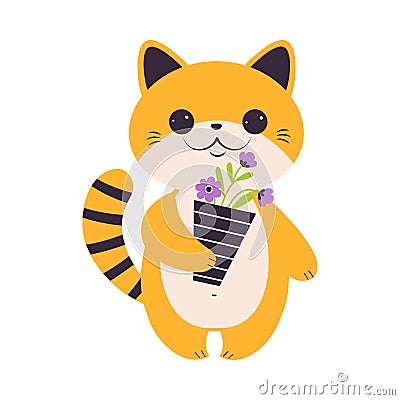 Cute Ginger Cat Holding Flowerpot with Growing Flower Vector Illustration Vector Illustration