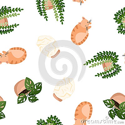 Cute ginger cat and succulent plants in lagom style seamless pattern. Scandinavian hygge style. Cozy lagom texture background tile Vector Illustration