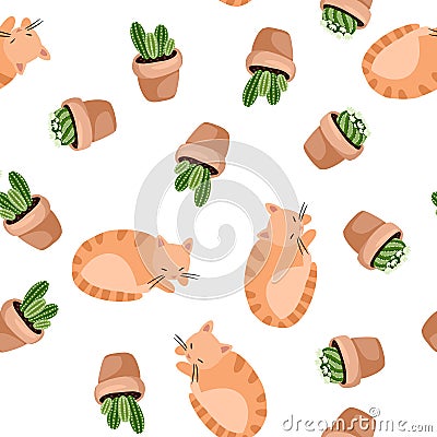 Cute ginger cat and succulent plants in lagom style seamless pattern. Scandinavian hygge style. Cozy lagom texture background tile Vector Illustration