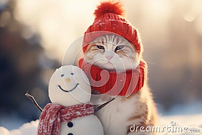 A cute ginger and white cat in a red knitted hat and scarf sits near snowman. Snowy warm cottagecore winter background. Concept of Stock Photo