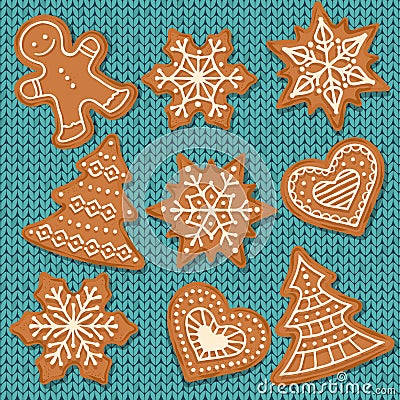Cute gingerbread elements on knitted background Vector Illustration