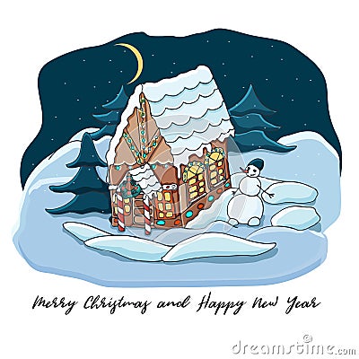 Cute gingerbread house with bright illumination in the night snowy forest and a snowman. Christmas greeting card. Hand drawn Vector Illustration