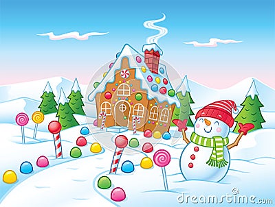 Cute Gingerbread House With Happy Snowman Stock Photo