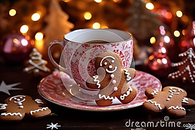 Cute gingerbread mans cookies on a plate and cup of tea on side Stock Photo